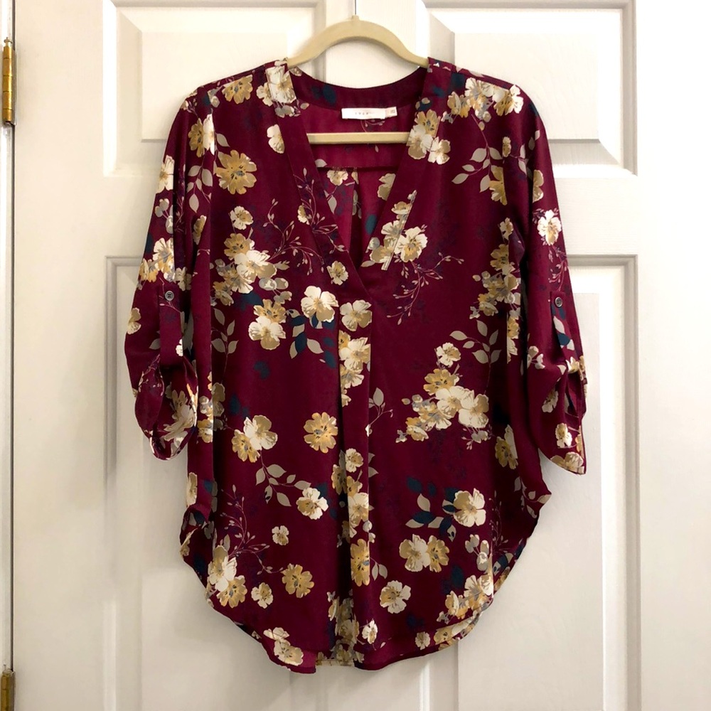 Burgundy Floral 3/4 length sleeve blouse, Lush Sm